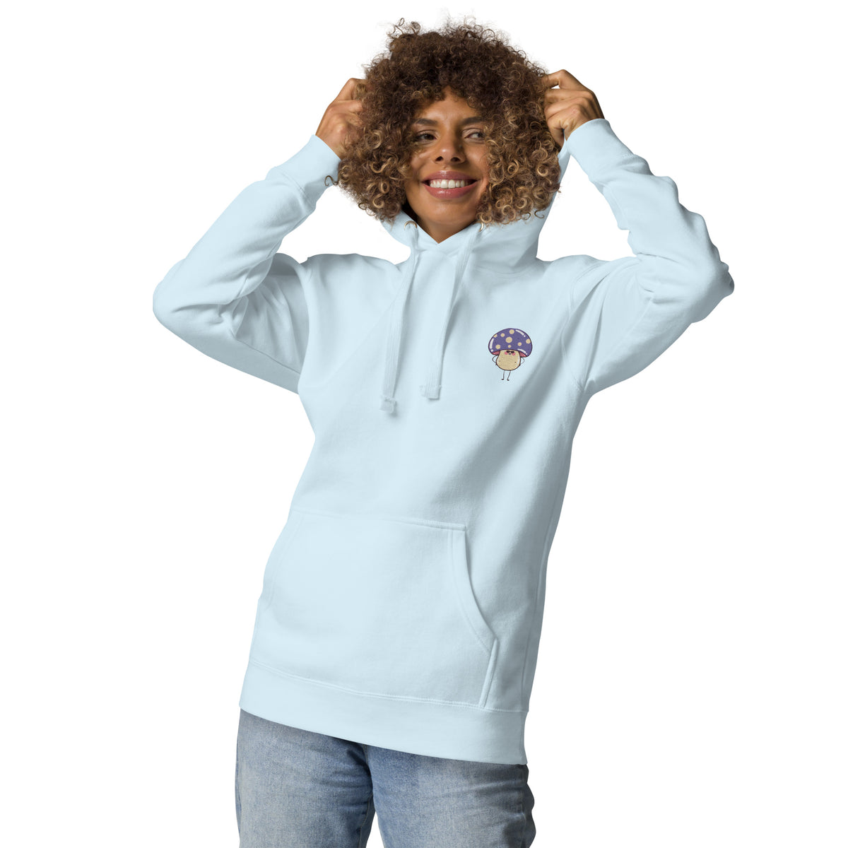 Light Blue Embroidered Purple Mushroom Hoodie