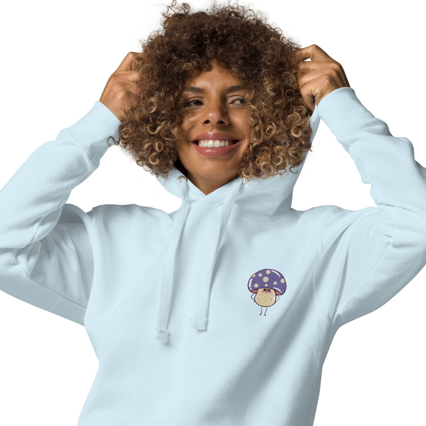 Light Blue Embroidered Purple Mushroom Hoodie